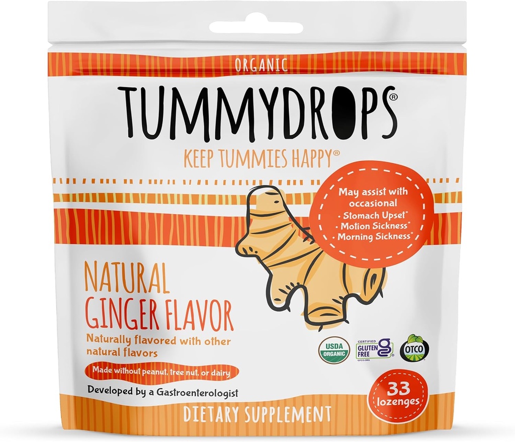 USDA Organic Natural Ginger Tummydrops, Gluten Free & Vegan, 33 Individually Wrapped Drops in a Resealable Bag