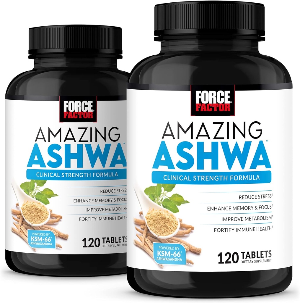 Force Factor Amazing Ashwa, KSM-66 Ashwagandha συμπλήρωμα για ανακούφιση από το στρες, Εστίαση, Μνήμη, Ανοσολογική Υποστήριξη, Με Βιταμίνες, Ορυκτά & Αντιοξειδωτικά, Συμπληρώματα Κορτιζόλης για γυναίκες, 240 δισκία (2- Pack)