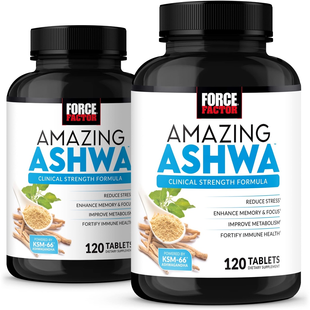Force Factor Amazing Ashwa, KSM-66 Ashwagandha Supplement for Stress Relief, Focus, Memory, Immune Support, Vitamins, Minerals & Antioksis, Cortisol Supplements for Women, 240 Tabletler (2-Pack)
