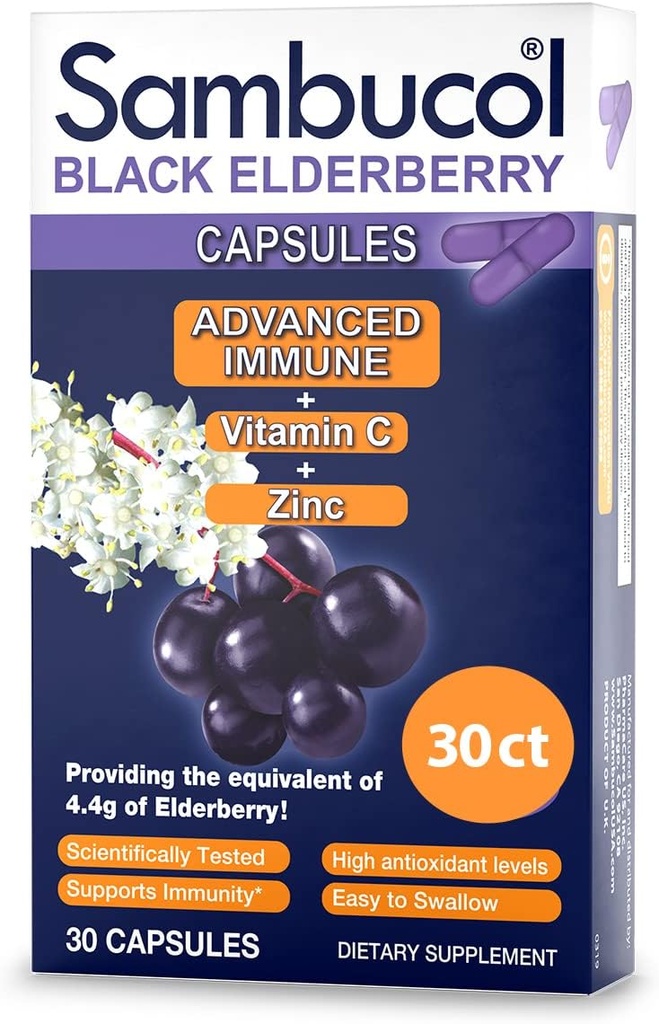 Sambucol Black Elderberry Κάψουλες - Προηγμένη ανοσοποιητική, βιταμίνη C και ψευδάργυρος, κάψουλες Elderberry, συμπλήρωμα υποστήριξης του ανοσοποιητικού, Black Elderberry Συμπληρώματα, Χωρίς γλουτένη, εύκολο να καταπιούν κάψουλες - 30 Count