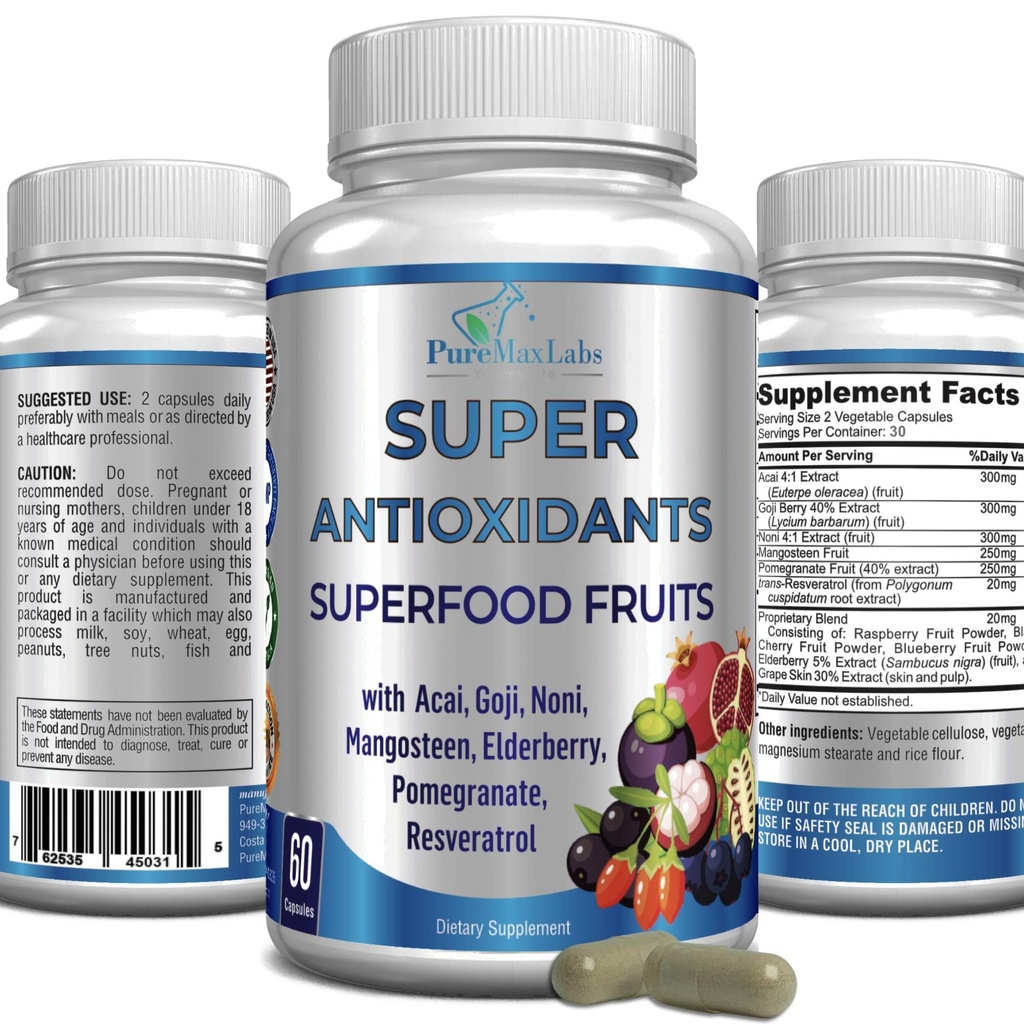 Super Antioksit Meyve Superfood Kompleksi - Güçlü Antioksi Supertis, Acai, Goji, Noni, Mangosteen, Pomegranate, Elderberry, Resveratrol, Immune Support, Skin Care - 60 Capsules