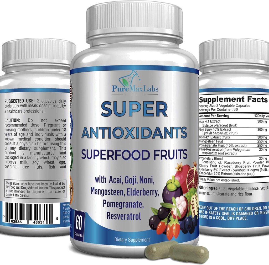 Super Antioksit Meyve Superfood Kompleksi - Güçlü Antioksi Supertis, Acai, Goji, Noni, Mangosteen, Pomegranate, Elderberry, Resveratrol, Immune Support, Skin Care - 60 Capsules