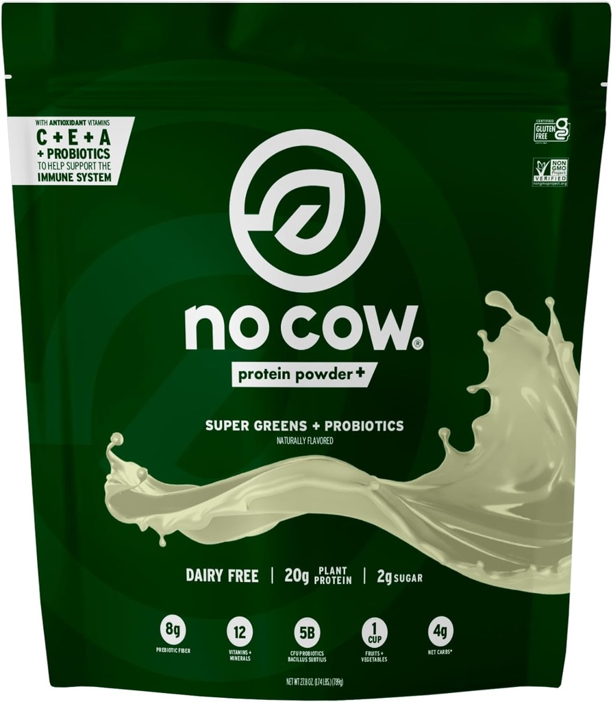 No Cow Plant-Based Protein Toz Plus, 9 Essential Amino asit ve Super Greens ile 20g proteini, 5 Milyar CFU Probiyotikler Bacillus Subtilis for Health Digestion, Perfect Kahvaltı Start