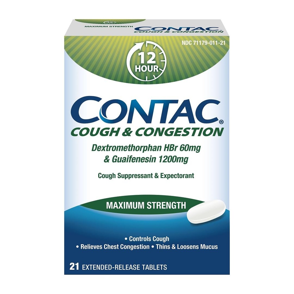 Contac Cough & Congestion maximum Strength Controls Cough, Thins and Loosens Mucus, Guaifenesin & Dextromethorphan HBr, Genişletilmiş Yayın Tabletleri, 21 Count
