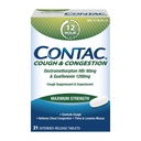 Contac Cough & Congestion maximum Strength Controls Cough, Thins and Loosens Mucus, Guaifenesin & Dextromethorphan HBr, Genişletilmiş Yayın Tabletleri, 21 Count