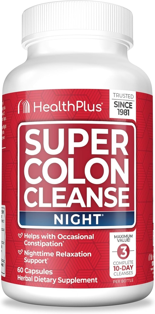Sağlık Plus Super Colon Cleanse Night Formula Digestive Support | Probiyotikler ve Valerian Kökleri ile Bloating'ı Uyku için Azaltılması için Açıklama Yardımı | 1 Cleanse, 60 Capsules