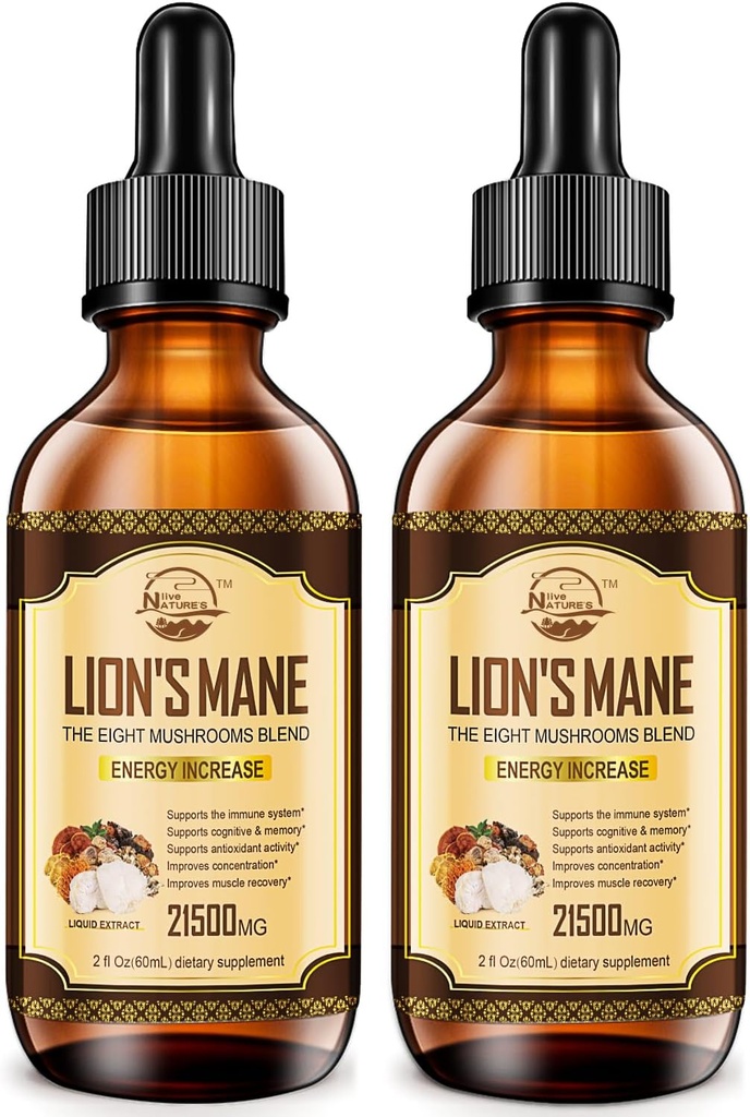 Nature's live Lions Mane Supplement, Liquid Mushroom Extract Drops, 8 Mushrooms Kompleks for Immune System, Memory, Focus Boost, Mushroom Supplement with Lion's Mane, Cordyceps, Reishi, Vegan, 2 Pack