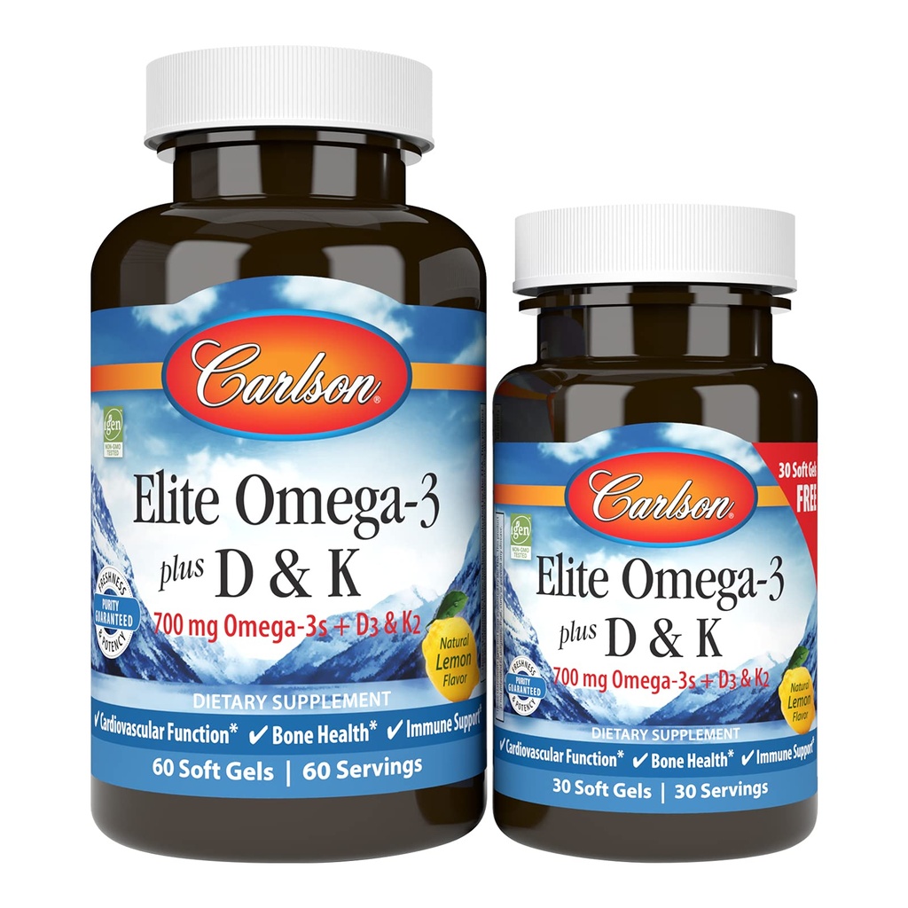 Carlson - Elite Omega-3 Plus D & K, 700 mg Omega-3s + D3 & K2, Fonksiyonlar, Bone Health & Immune Support, Lemon, 60+30 Softgel