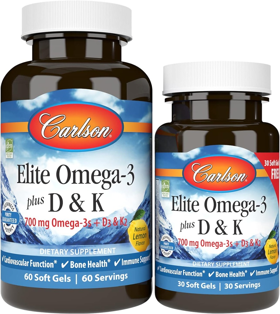 Carlson - Elite Omega-3 Plus D & K, 700 mg Omega-3s + D3 & K2, Fonksiyonlar, Bone Health & Immune Support, Lemon, 60+30 Softgel
