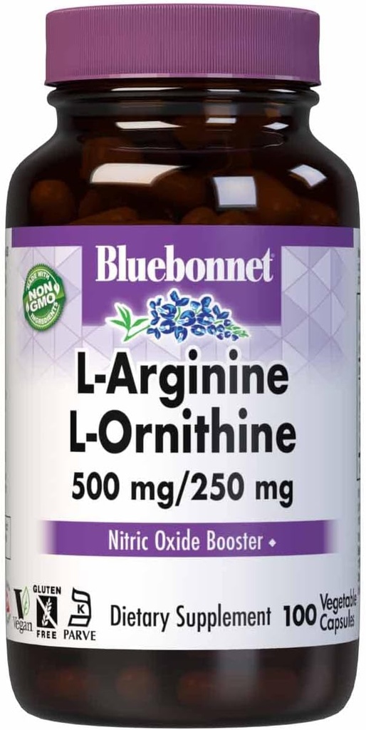 Bluebonnet Beslenme L-Arginine 500 mg/L-Orinithine 250 mg, Destekler Protein Metabolism*, Soy-Free, Gluten-Free, Non-GMO, Kosher Sertifikalı, Vegan, 100 Sebze Kapsülleri
