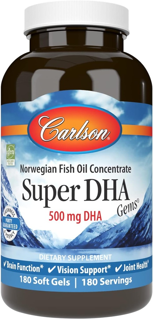Carlson - Super DHA Gems, 500 mg DHA Supplements, 640 mg Fatty Asits, Wild-Caught Norveç Arctic Omega 3 Fish Oil Supplement, Sustainable Sourced Fish Oil Capsules, 180 Softgels