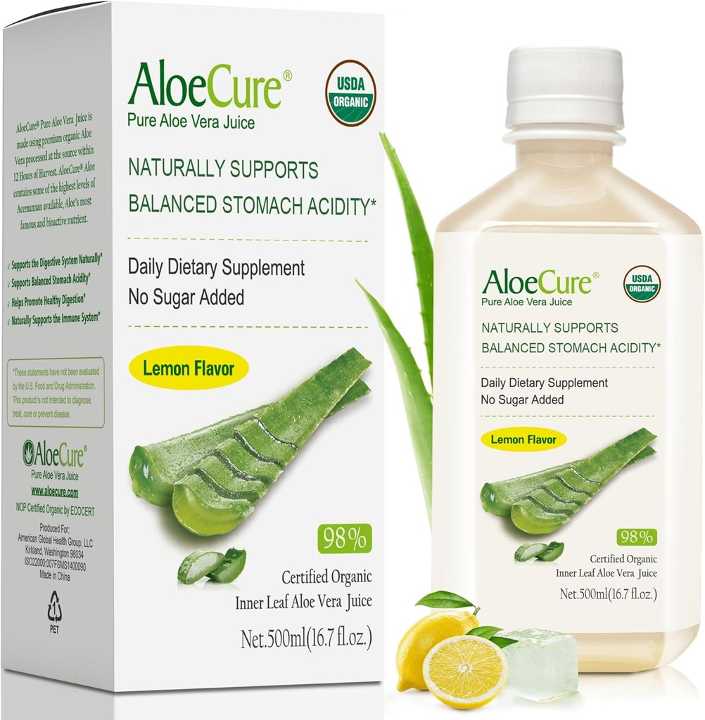AloeCure USDA Organik Aloe Vera Juice Limon Flavor - 12 Hours of Harvest - Natural Digestive Supplement for Balanced Stomach Acidity - Support Digestive and Immune Health - 1 Btl x 16.7oz