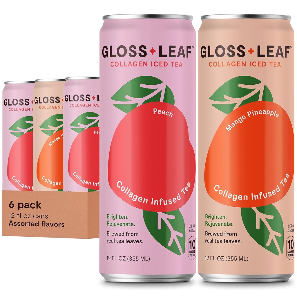 Gloss Leaf Collagen Iced Tea (Zero-Sugar, Assorted): Brewed Black Tea with Collagen Peptides Protein & Vitamin C, Beauty & Anti-Aging, 12 Fl Oz, 6 Pack