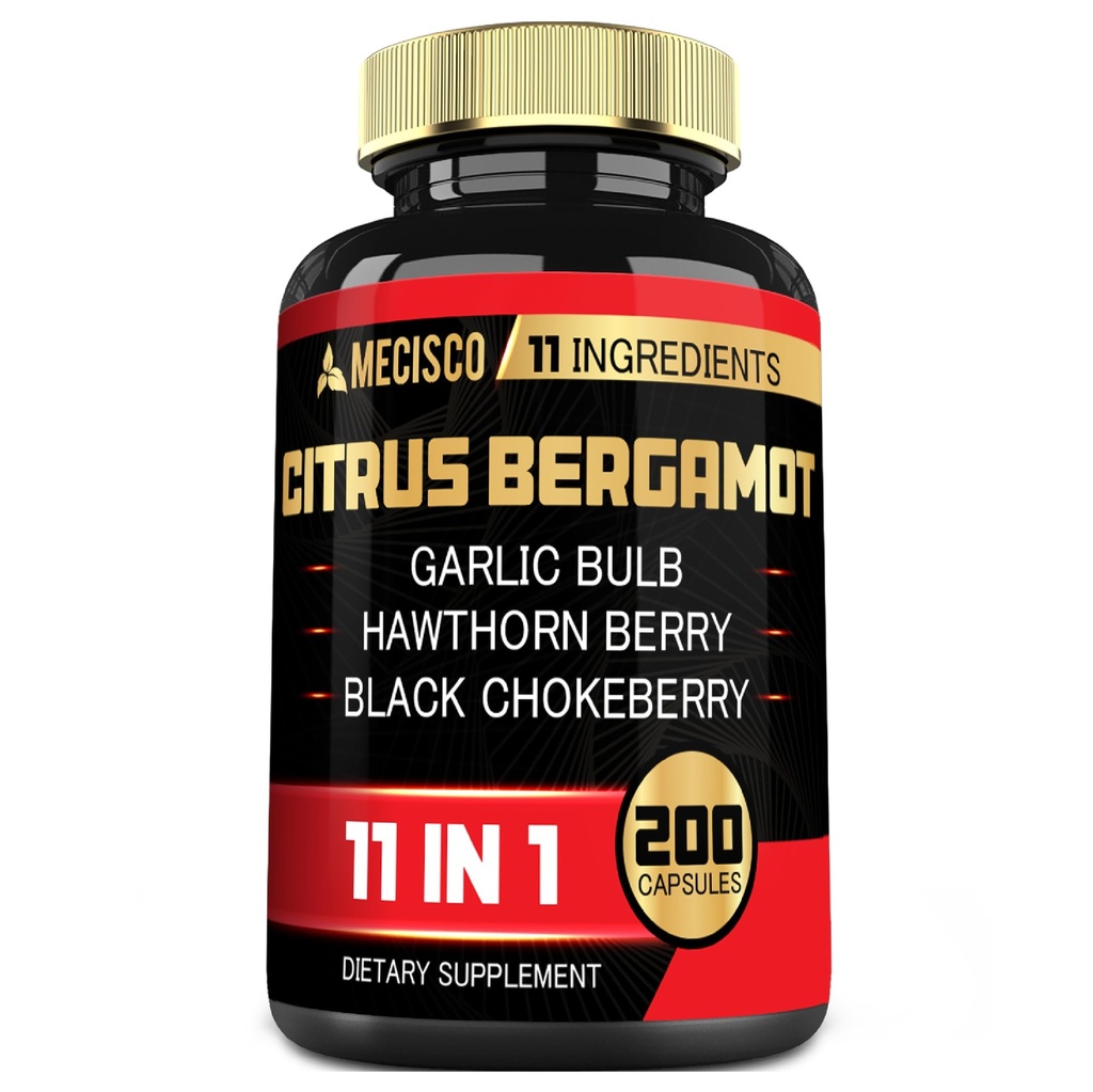 11in1 Citrus Bergamot Supplement 1000mg with Olive Leaf, Hawthorn Berry, Guggul, Garlic, and More - Support Immunity, Circulatory System & General Health - 200 Capsules