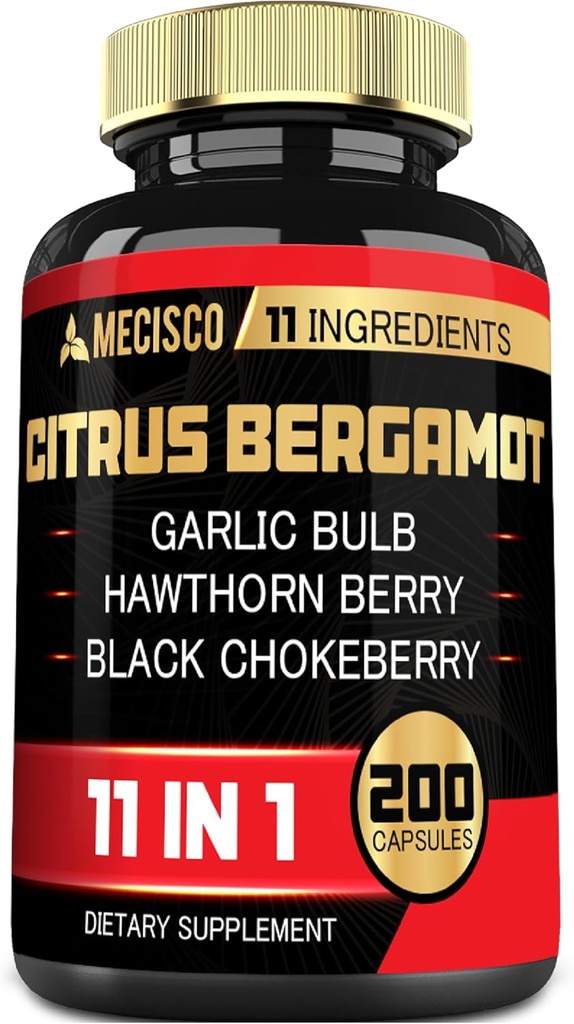 11in1 Citrus Bergamot Supplement 1000mg with Olive Leaf, Hawthorn Berry, Guggul, Garlic, and More - Support Immunity, Circulatory System & Overall Health - 200 Capsules