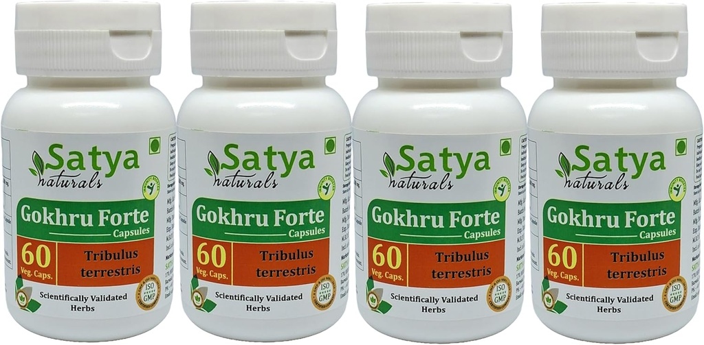 Gokhru Forte Capsule 500 mg. 60 Veg. Capsule | Gokharu (Tribulus Terrestris) Erkekler ve kadınlar için Kapsüller | Ayurvedic Herbal Supplement/R capturedes | 10:1 Forte (4 Şişeler 60 Capsules)