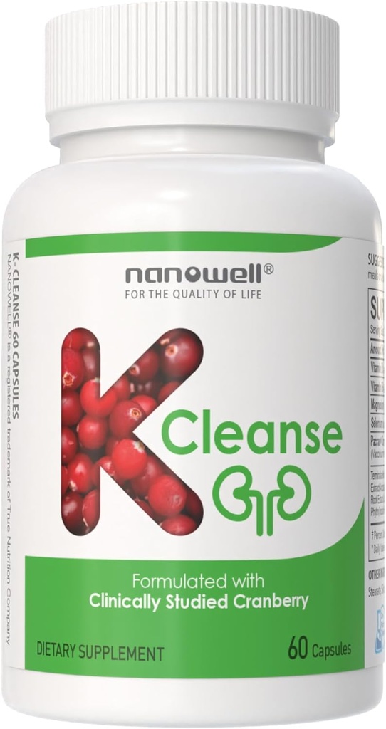 NANOWELL K-Cleanse - Kidney Pacran Cranberry Extract, Magnezyum, Selenium, Vitamins B5 & B6-60 Capsules, 30 Day Supply Supply