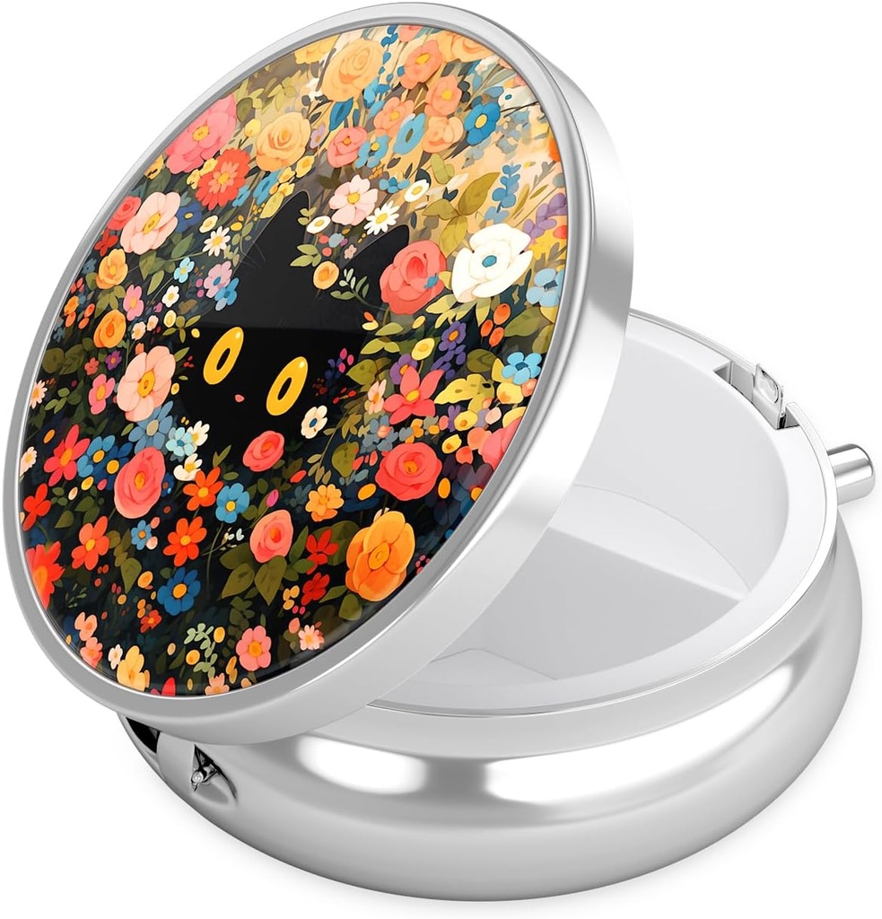 Nipichsha Pill Box, Küçük Pill Case for Purse & Pocket, Cute Travel Medicine Organizer, Portatif Tıp Konteynerleri Vitaminleri, İlaçları, Fish Oil & Supplement, Flower Cat