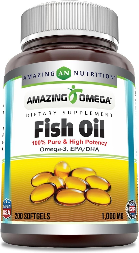 Amazing Omega Fish Oil 1000 mg Softgels Supplement | Omega-3, 180 mg EPA. 120 mg DHA | Yüksek Potency (200 Kont)