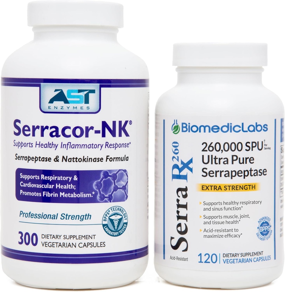 Serracor-NK (300) & Serra-RX 260,000 SU (120)- Scar Tound Sche - Asit-Resistant Serrapeptase Proteolytic Systemic Enzyme