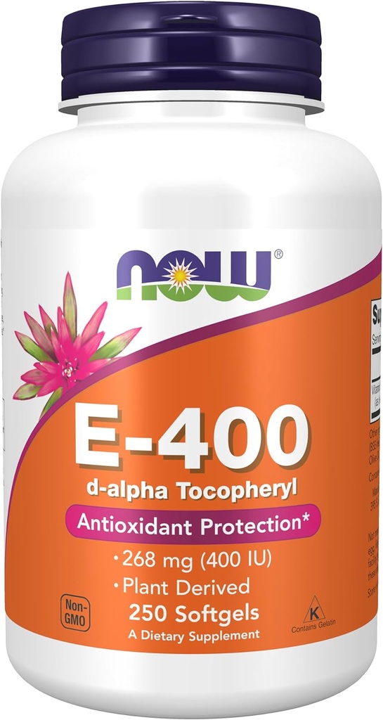 NOW Συμπληρώματα Τροφίμων, Βιταμίνη E-400 IU, D-Alpha Tocopheryl, Αντιοξειδωτική Προστασία*, 250 Softgels