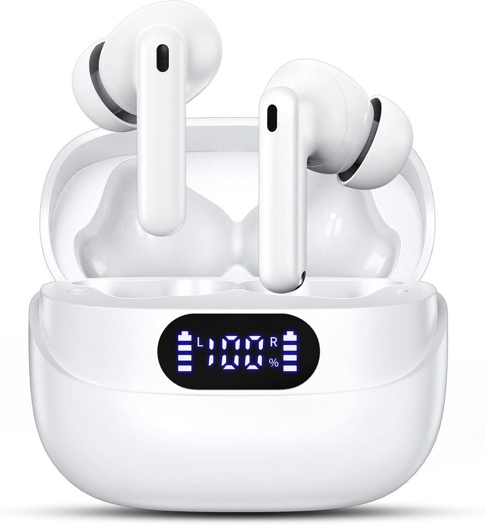 Kablosuz Earbuds, 42H Playtime Bluetooth 5.3 Kulaklıklar, HiFi Stereo Çağrı Gürültü Taramalı Earbuds, IPX7 Sualtı Stereo iOS Android (Beyaz) için LED Ekranla (Beyaz)