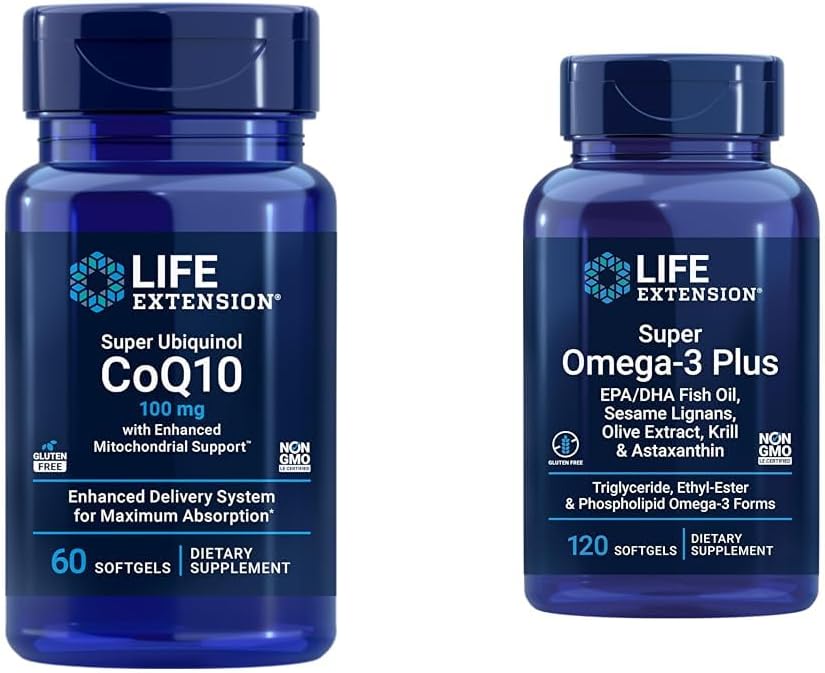 Life Extension Super Ubiquinol CoQ10 gelişmiş Mitochondrial Support & Super Omega-3 Plus EPA/DHA Fish Oil, Sesame Lignans, Zeytinyağı, Krill & Asta