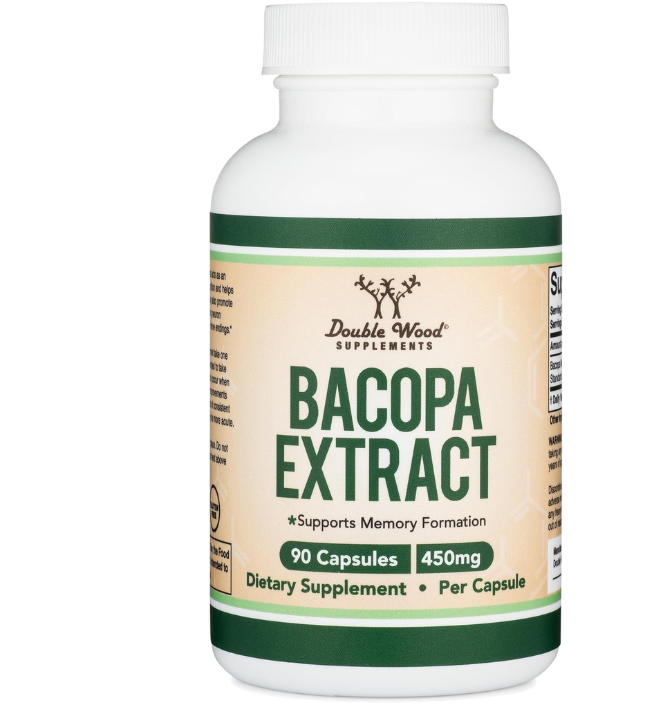 Bacopa Monnieri Κάψουλες 20% Bacosides 450mg, 90 Count (Non-GMO, Gluten Free) εκχύλισμα Brahmi (Συμπλήρωμα μνήμης για την υγεία του εγκεφάλου, εστίαση, και γνωστική λειτουργία) από διπλό ξύλο