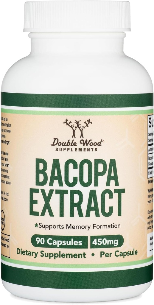 Bacopa Monnieri Capsules% 20 Bacosides 450 mg, 90 Kont (Non-GMO, Gluten Free) Brahmi Extract (Memory Supplement for Brain Health, Focus, and Cognitive Function) by Double Wood