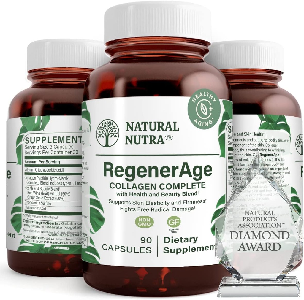 Doğal Nutra RegenerAge Skin Health için Protein Peptides ile Tamamlandı, Genişleme Marks, Contributes Genel Sağlık, C vitamini, Grape Tohum Red Wine Ekstraksiyon, Gluten Free, 90 Capsules.
