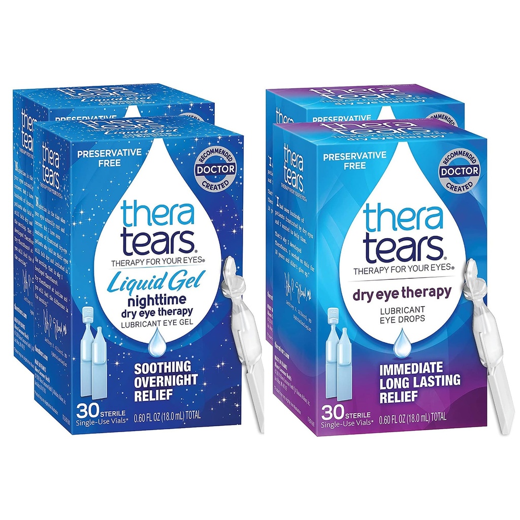 TheraTears Nighttime Therapy Lubricant Eyedrops for Kuru Eyes, Preservative Free, Single-Use Vials, Clear, 60 Count, 0.6 Fl Oz with TheraTears Eye Drops for Kuru Eyes, 60 Count Single-Use Vials