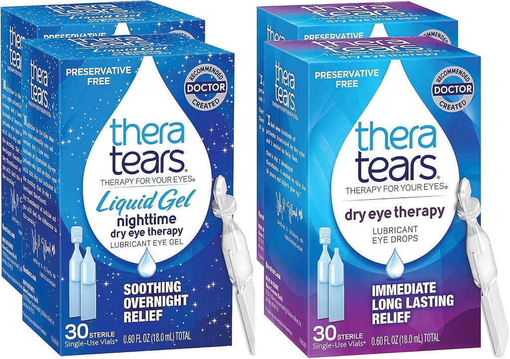 TheraTears Nighttime Therapy Lubricant Eyedrops for Kuru Eyes, Preservative Free, Single-Use Vials, Clear, 60 Count, 0.6 Fl Oz with TheraTears Eye Drops for Kuru Eyes, 60 Count Single-Use Vials