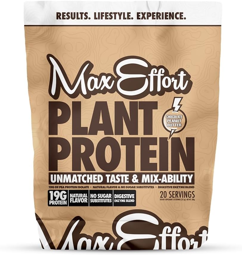 MAX EFFORT Πρωτεΐνες φυτών σκόνη, 19 G Πρωτεΐνη Pea, Φυτικές με βάση, Χωρίς γλουτένη, Χαμηλό Καρβίδιο, Ανακινήστε Πρωτεΐνη ή Smoothie Mix, Αντικατάσταση γεύματος, Χωρίς Ορός γάλακτος, Χωρίς υποκατάστατα ζάχαρης, Σοκολάτα Φυστικοβούτυρο, 20 Srvg