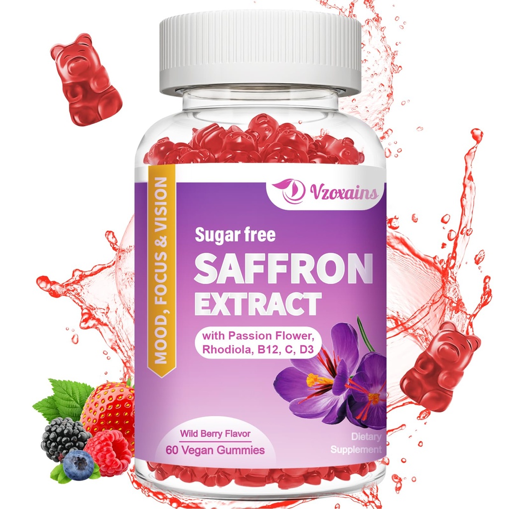 Saffron Gummies, 1 Saffron Supplements Gummies with Magnezyum, Ashwagandha & Rhodiola Rosea, Sugar Free Vegan Karma Berry Flavor - 60Cts