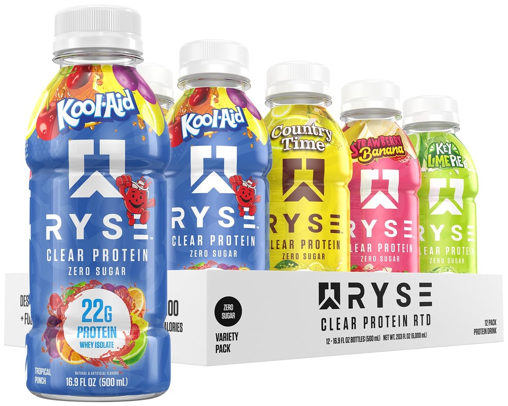 RYSE Clear Protein Drink - Variety Pack - 100 θερμίδες, 22g Whey Isolate Protein Shake, Sugar-Free, 0g Λίπος & Λακτόζη-Free - Αναψυκτικό Ready-to-Dink Beverage - 16,9 fl oz Μπουκάλια (12-Pack)