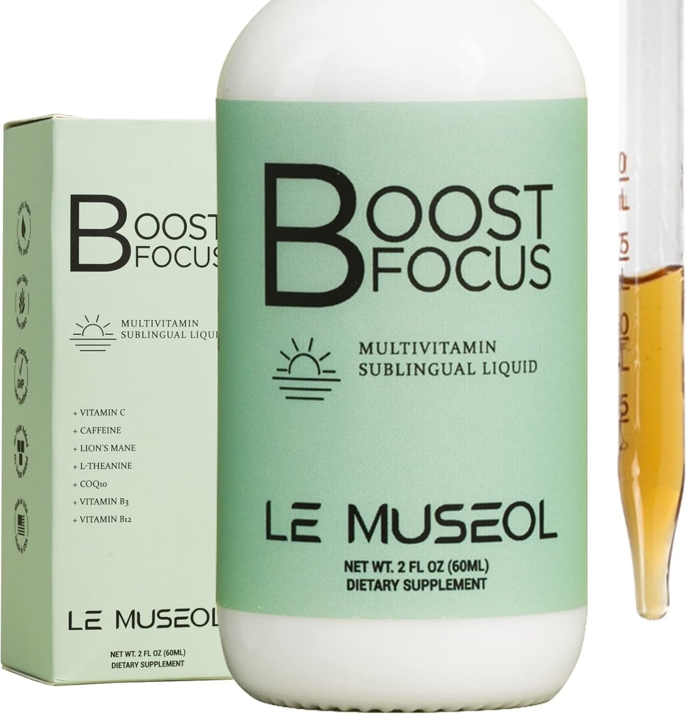 ABD-Made Lions Mane Boost Focus Multivitamin Sublingual Liquid: Essential Energy Supplement with Vitamin B3, B12, CoQ10, L Theanine and Caffeine for maximum Focus