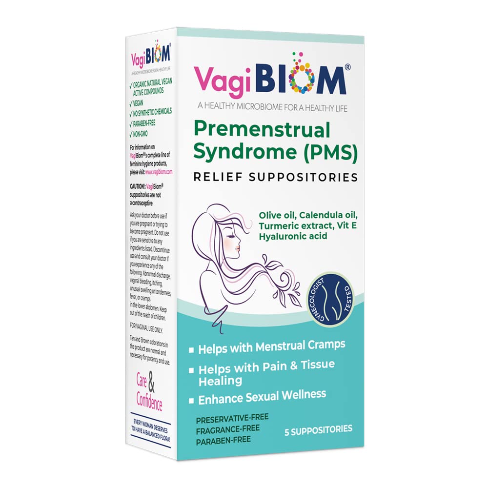 VagiBiom Menstrual Relief Suppositories (5 Υποθήκες) με Calendula Oil, Cocoa Butter, Turmeric και VIT E που βοηθά με την περίοδο Cramp, Mood Swings. Θεραπεύοντας ιστούς. USA Made, Vegan, χωρίς ορμονές