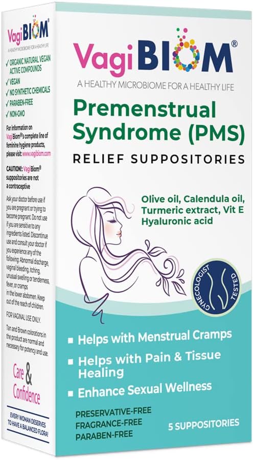 VagiBiom Menstrual Relief Suppositories (5 Suppositories) Calendula Oil, Cocoa Butter, Turmeric ve VIT E Dönem Cramp ile yardımcı olur, Mood Swings. Dokunuşu şifa. ABD Made, Vegan, Hormon-Free
