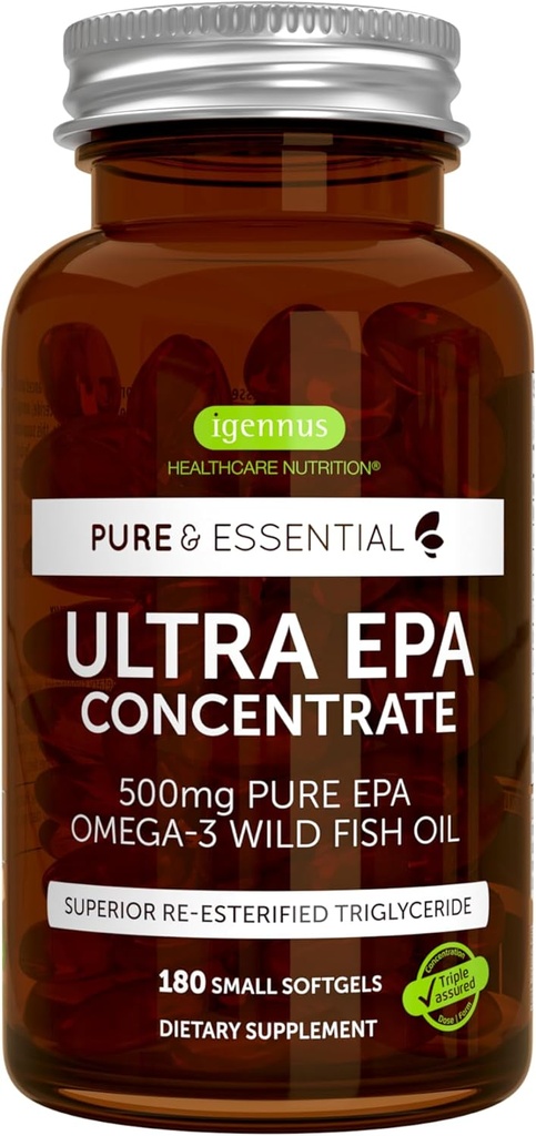 Igennus Ultra Pure Omega-3 EPA 500mg, εξαιρετικά συμπυκνωμένο IFOS Certified Wild Fish Oil, Advanced rTG Trigeride Form, Non-GMO, 180 Small Softgels