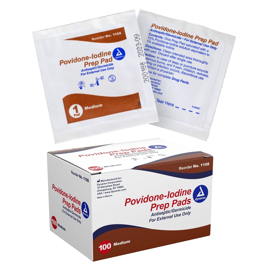 Dynarex Povidone-Iodine Prep Pads, Povidone Iodine 10%, Medical-Grade Antiseric Wipes, Medium, 1 Case of 100 Prep Pads