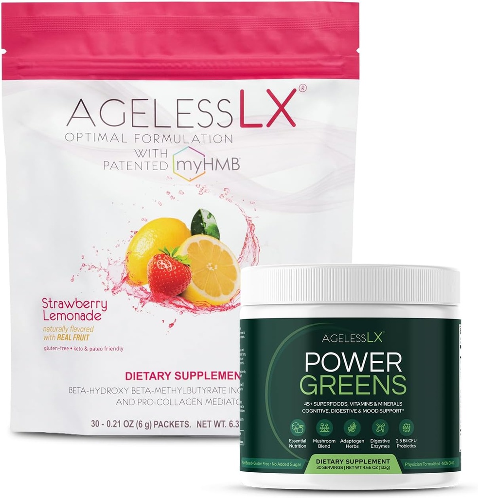 AgelessLX Strawberry Lemonade & Power Greens Powder Supplement Bundle - Anti-Aging and Green Superfoods Supplements