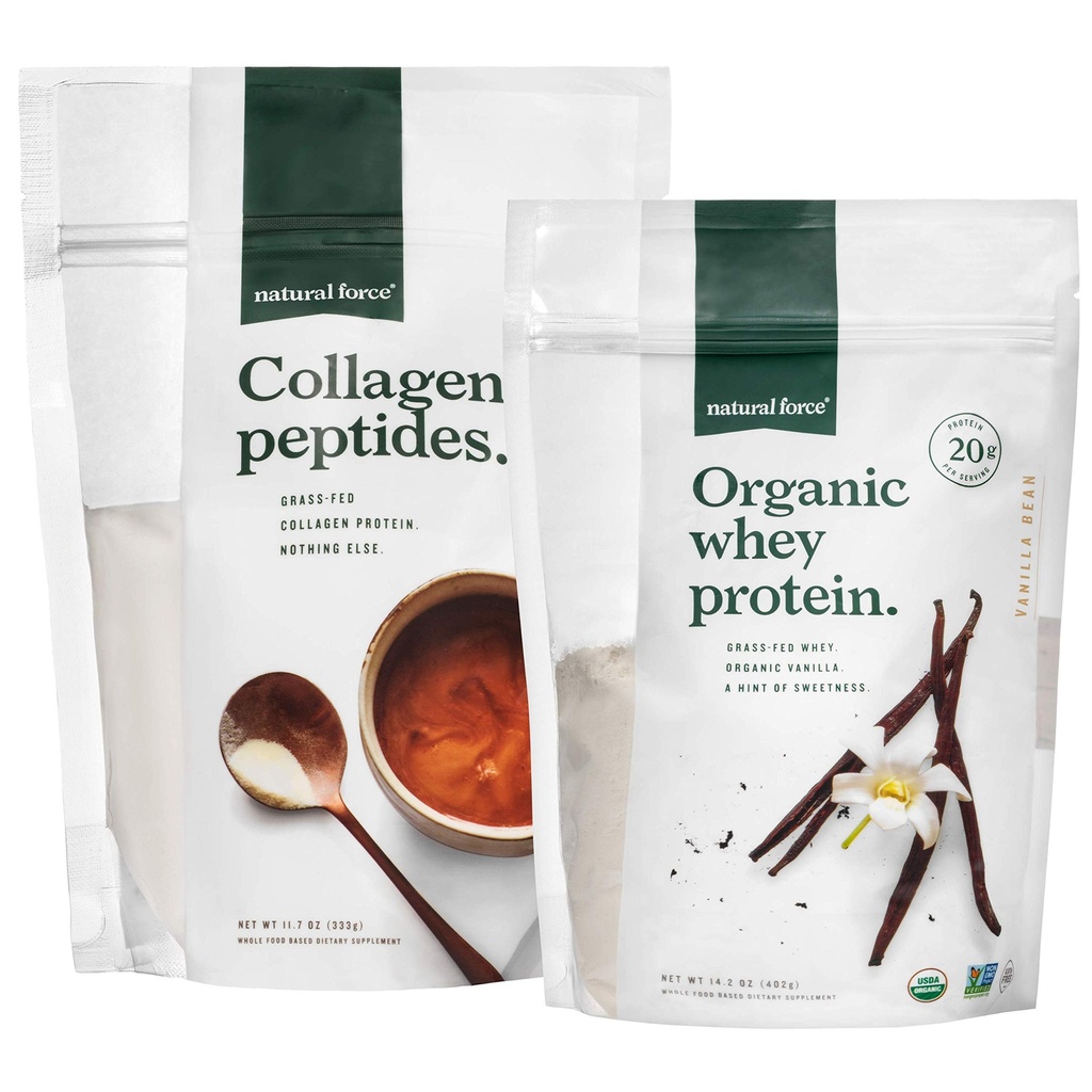 Doğal Kuvvet Temiz, Grass Fed Collagen Bag + Vanilla Organik Whey proteini - Organik, GMO Whey Protein ve Hydrolyzed Tip I ve III Collagen - 14.3 Ounce Bag ve 11.7 Ounce Bag