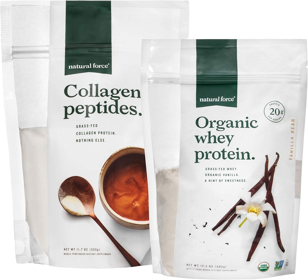 Doğal Kuvvet Temiz, Grass Fed Collagen Bag + Vanilla Organik Whey proteini - Organik, GMO Whey Protein ve Hydrolyzed Tip I ve III Collagen - 14.3 Ounce Bag ve 11.7 Ounce Bag