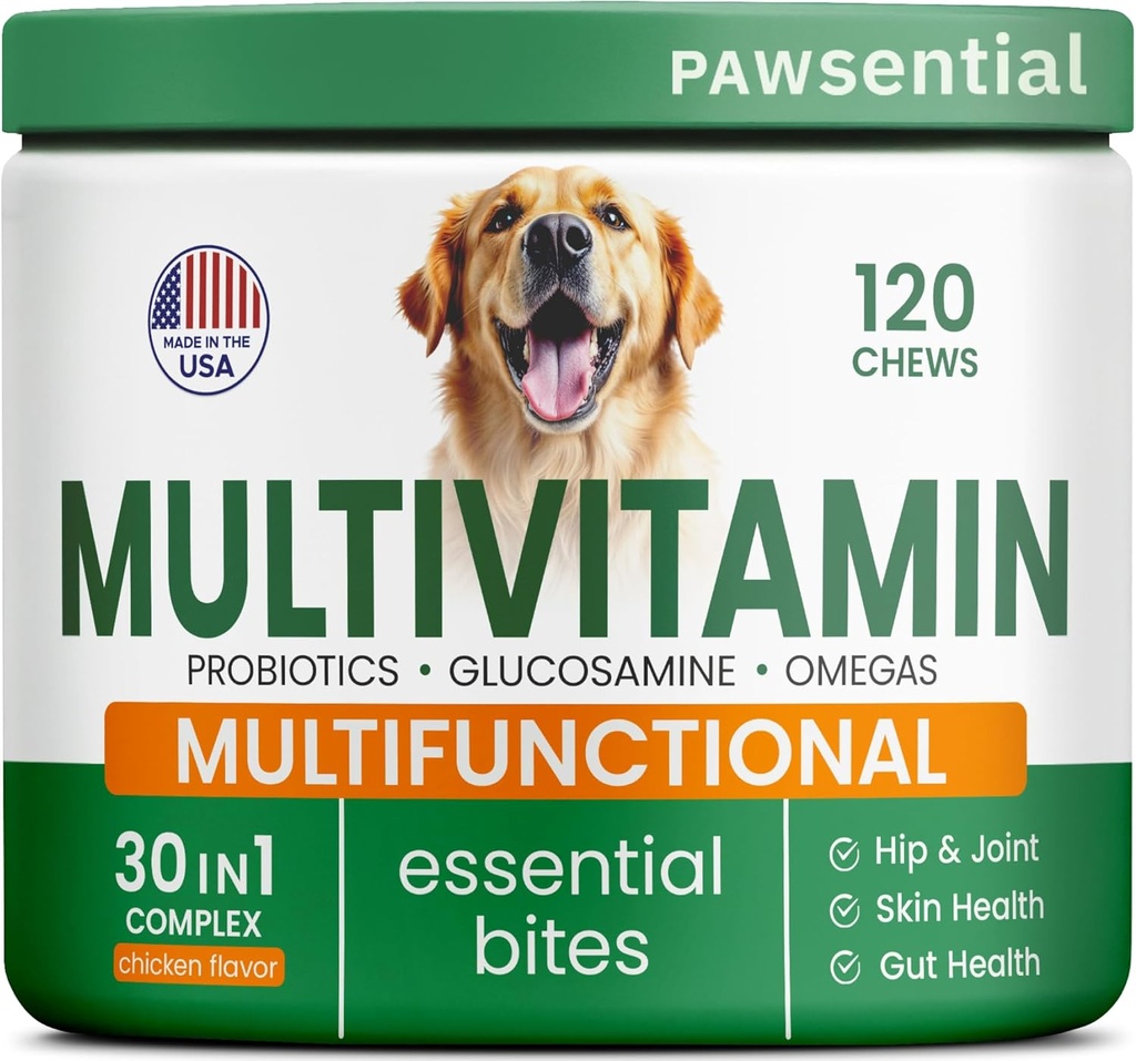 Köpek Vitaminleri + Glucosamine - Chewable Multivitamins + Probiyotikler, Omega - Hip & Ortak Destek, Skin & Coat, Gut Health - Adult & Senior - Large & Small Breed - 120 Chews