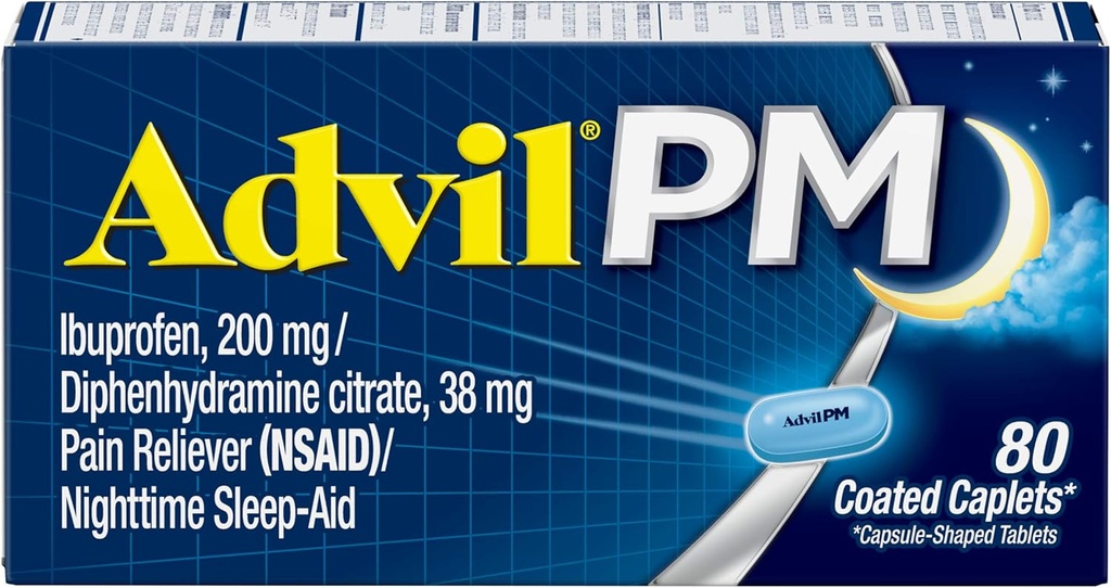 Advil PM Pain Reliever ve Nighttime Sleep Aid, Pain Medicine with Ibuprofen for Pain Relief and Diphenhydramine Citrate for a Sleep Aid - 80 Count (Pack of 2)