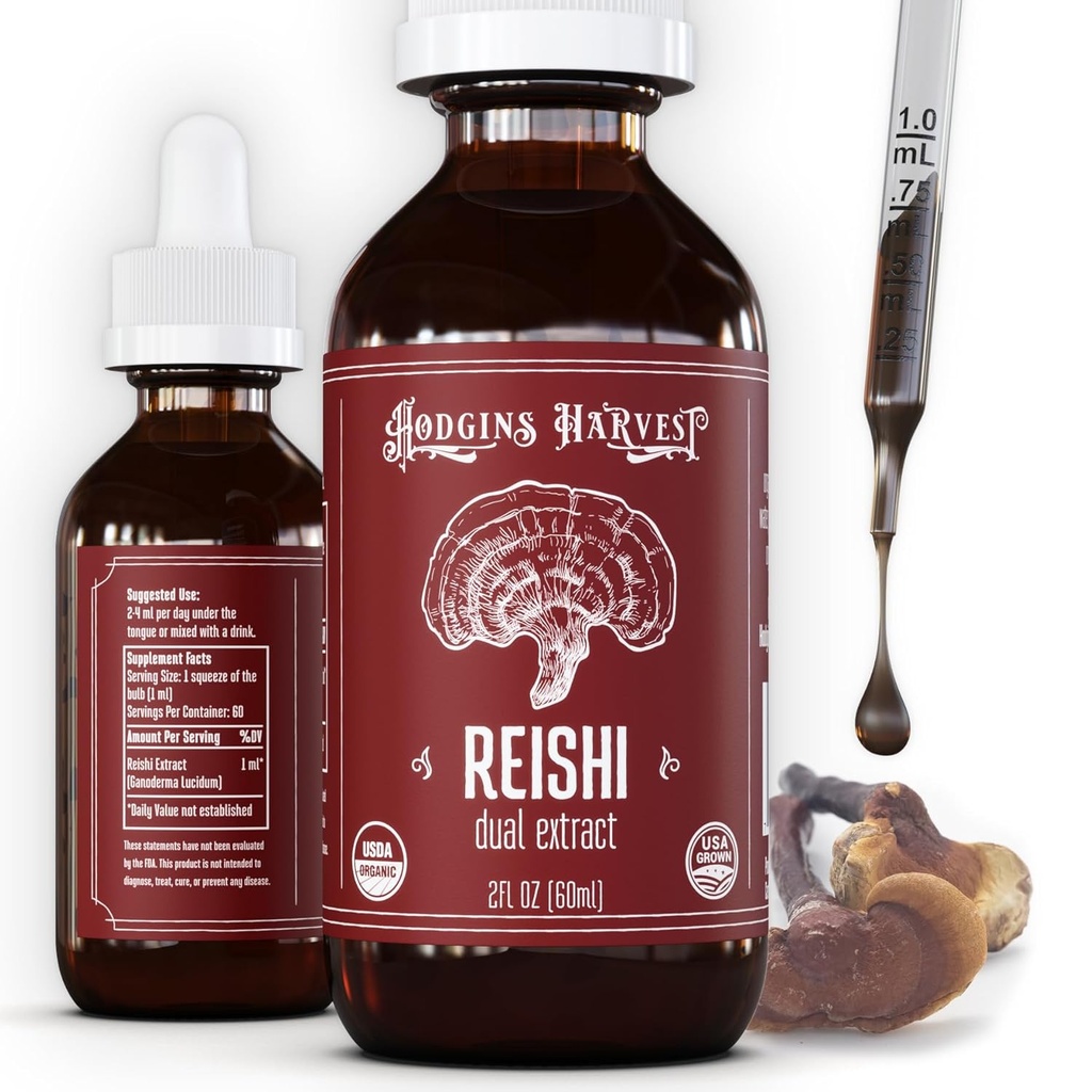 Hodgins Harvest Organic Reishi Mushroom Fruiting Body Extra Concentred Dual Extract Supplement - Υποστηρίζει την υγεία της καρδιάς & την ευεξία - USDA οργανικά μανιτάρια - 2 oz
