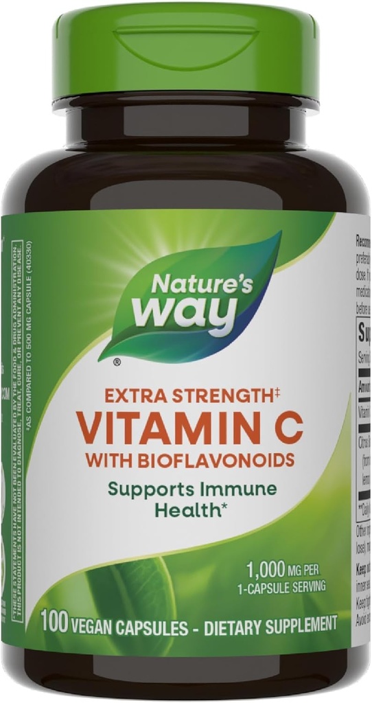 Nature's Way Extra Strength(1) Βιταμίνη C με Βιοφλαβονοειδή, Υποστηρίζει την Ανοσολογική Υγεία*, Προάγει την Παραγωγή Κολλαγόνου για Υγιές Δέρμα *, 1.000 mg ανά Καψάκιο, 100 Κάψουλες Vegan (Packaging May Vary)