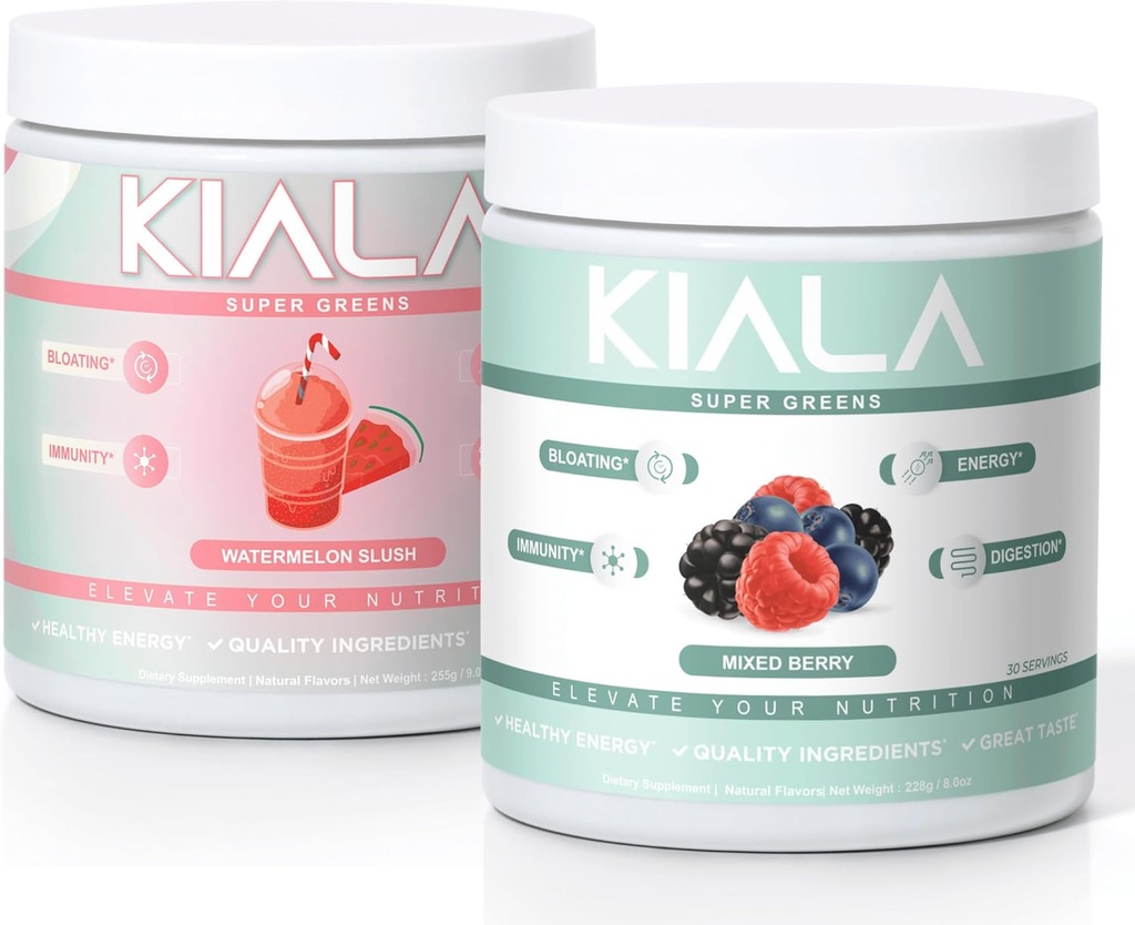 Kiala Beslenme Süper Yeşiller, Organik Yeşiller Toz, Spirulina & Chlorella Superfood Toz, Sugar & Gluten Free Vegan, Spectra Mix, Watermelon & Karma Berry 2 Pack