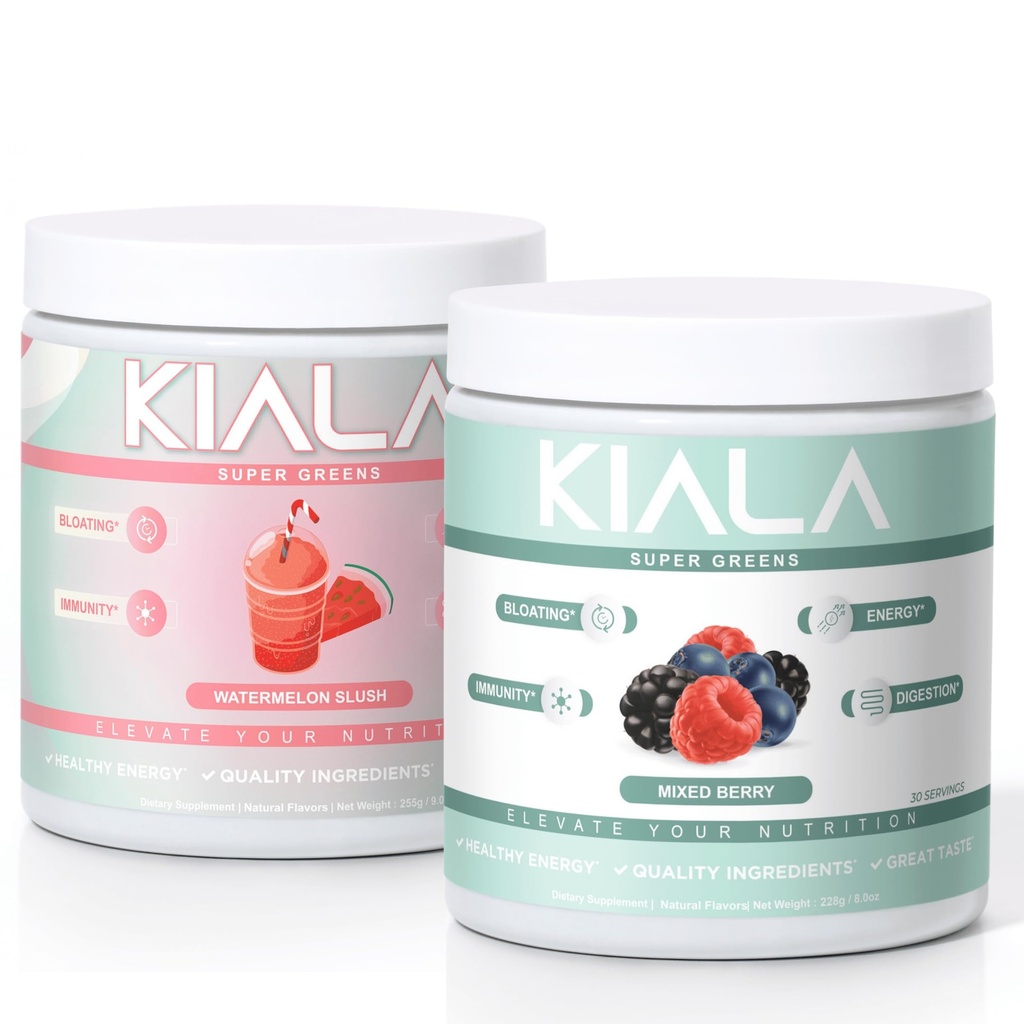 Kiala Beslenme Süper Yeşiller, Organik Yeşiller Toz, Spirulina & Chlorella Superfood Toz, Sugar & Gluten Free Vegan, Spectra Mix, Watermelon & Karma Berry 2 Pack