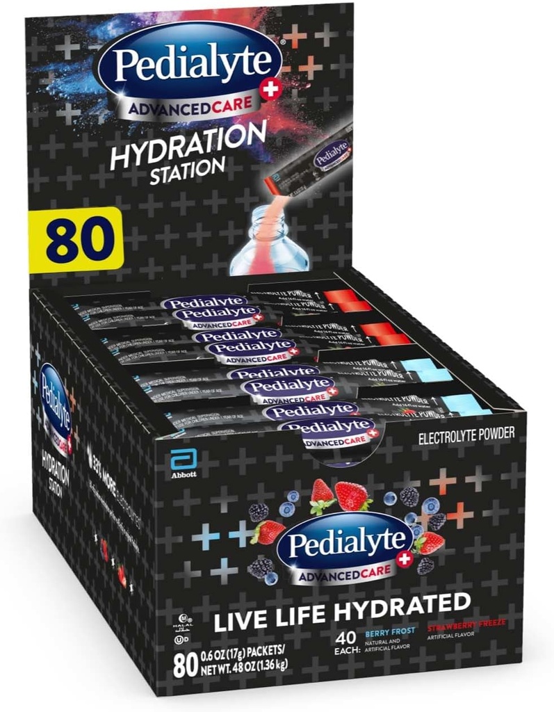 Pedialyte AdvancedCare Plus Ηλεκτρολυτική Σκόνη, Έχει 33% Περισσότερα Ηλεκτρολύτες και PreActiv Προβιοτικά, Ποικιλία Σταθμού Ενυδάτωσης, 80 Πακέτα Σκόνης